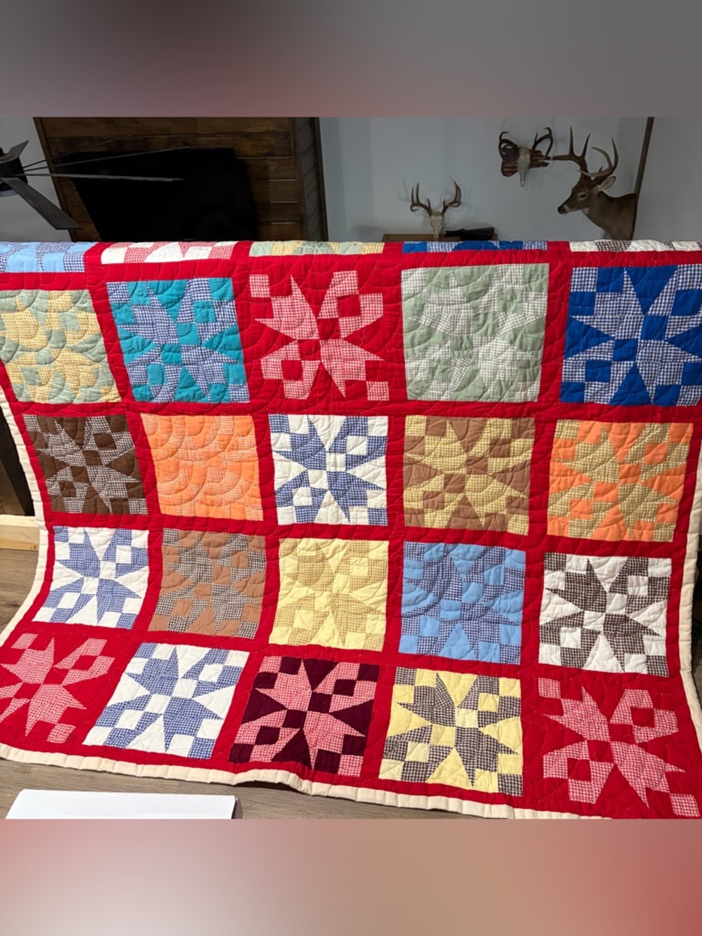 Handmade Patchwork Star Quilt - Red Trim with Multicolor Blocks
